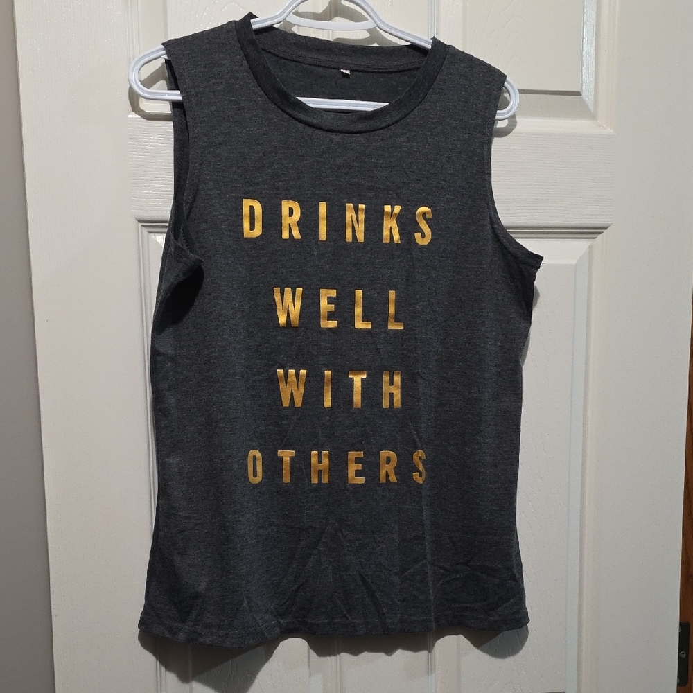Gray Sleeveless Muscle Top with Gold Print